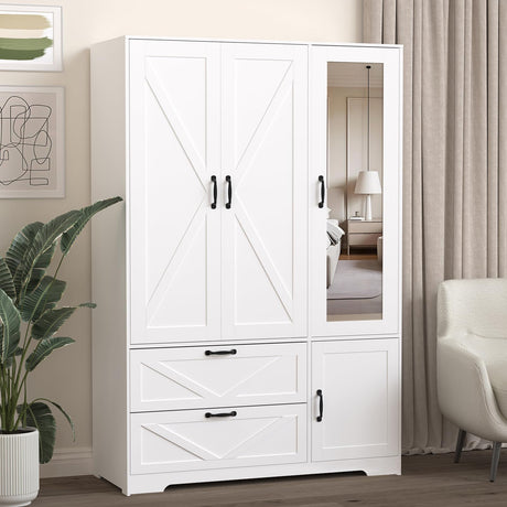 CORAZAZA Armoire Wardrobe Closet with Mirror Door,3 Doors Farmhouse Bedroom Armoire with Drawers and Adjustable Shelves,Wooden Armoire Wardrobe Closet with Hanging Rod for Bedroom(White) CORAZAZA