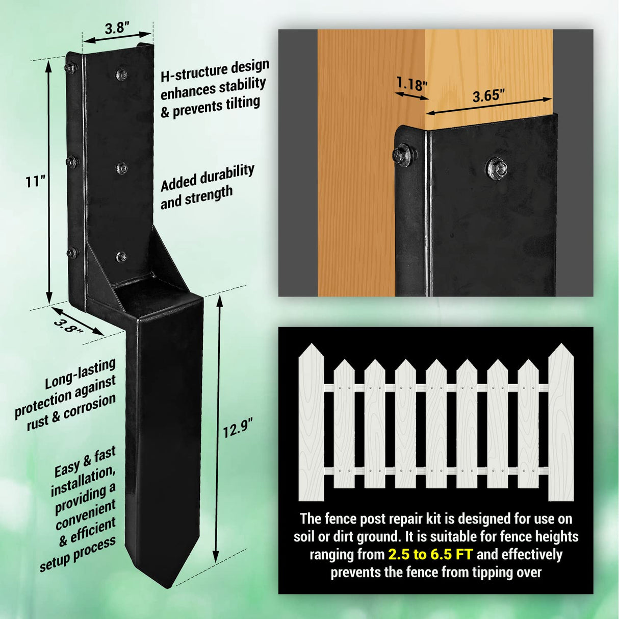 WIMART Fence Post Repair Kit 4''x4'', Heavy Duty Steel Fence Post Anchor Ground Spike 4''x4'' for Wooden Fence Post Repair, Wooden Fence Base WIMART