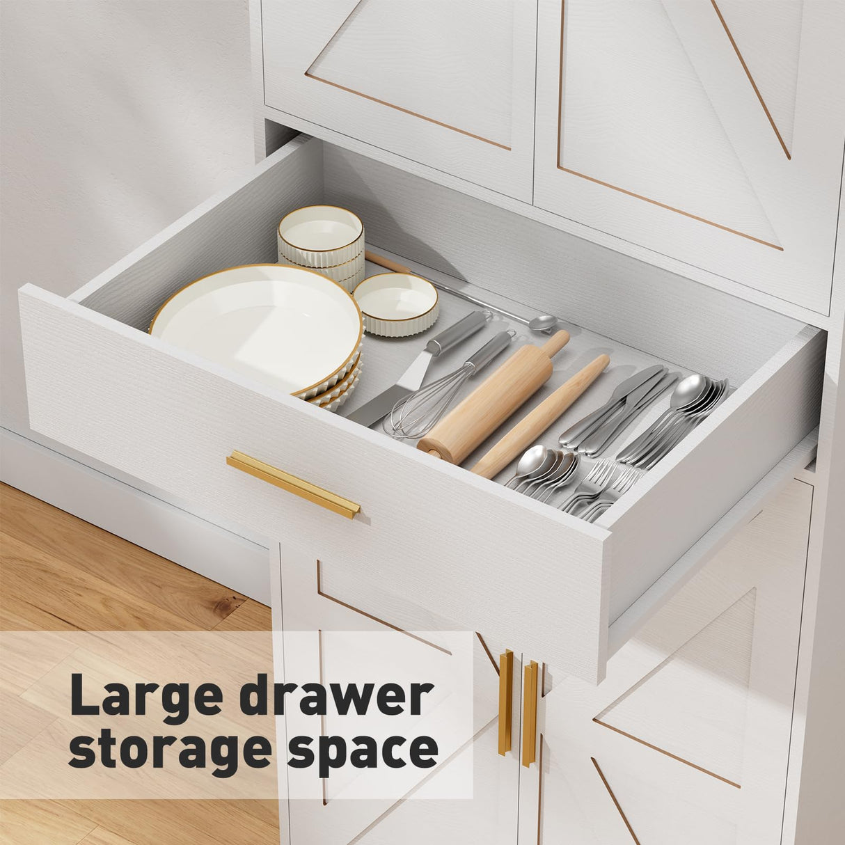 GTFURNI 71" Farmhouse Storage Cabinet with 4 Doors & Drawer, Adjustable Shelves Kitchen Pantry Cupboard, Freestanding Cabinet for Dining Room/Living Space, White GTFURNI