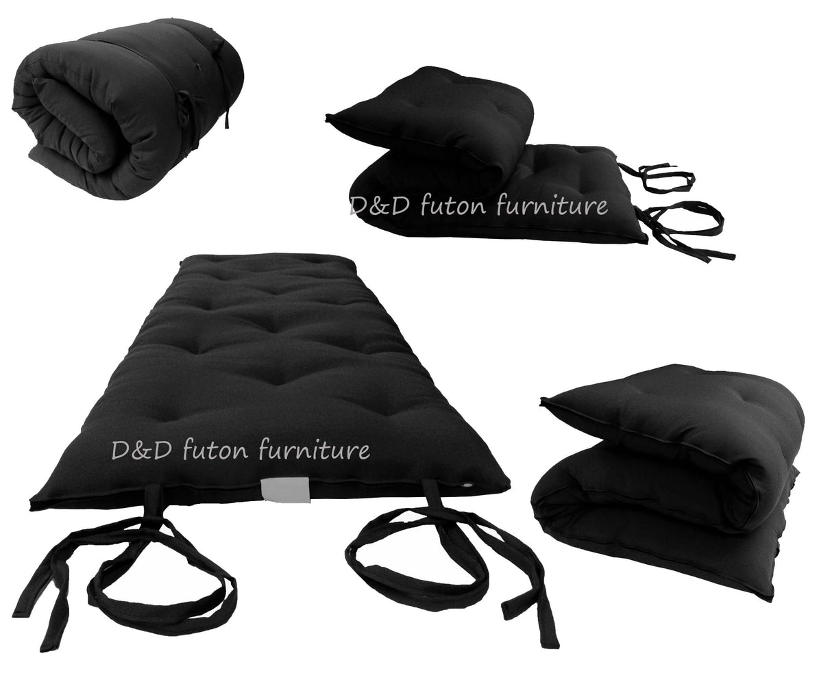 D&D Futon Furniture Queen Size Black Cotton/Foam/Polyester Traditional Japanese Floor Rolling Futon Mattresses, Yoga Meditation Mats, Beds 3 x 60 x 80 D&D Futon Furniture