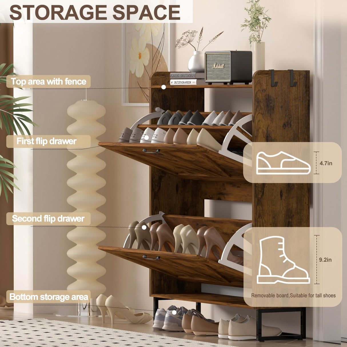 Urban Deco Wooden Shoe Storage Cabinet for Entryway, Organizer Shoe Cabinet with 2 Flip Drawers, Elegant 2 Tier Freestanding Shoe Organizer (Rustic Brown) Urban Deco