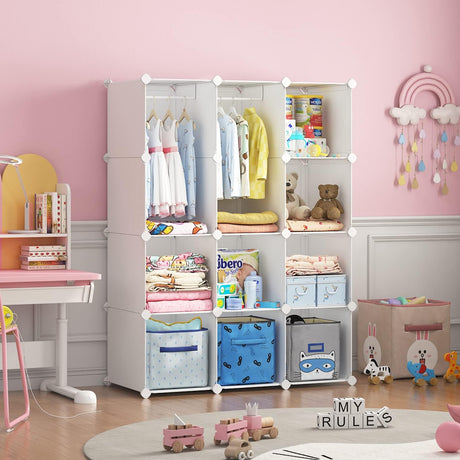 VIPZONE Baby Closet,Dresser, Kids Closet Organizers, Portable Kids Wardrobe for Closet, Bedroom, Nursery, Cubby, Cabinet, Clothes, Dress, Baby Storage Shelf, Armoire Clothes Hanging (12 Cube, White) VIPZONE
