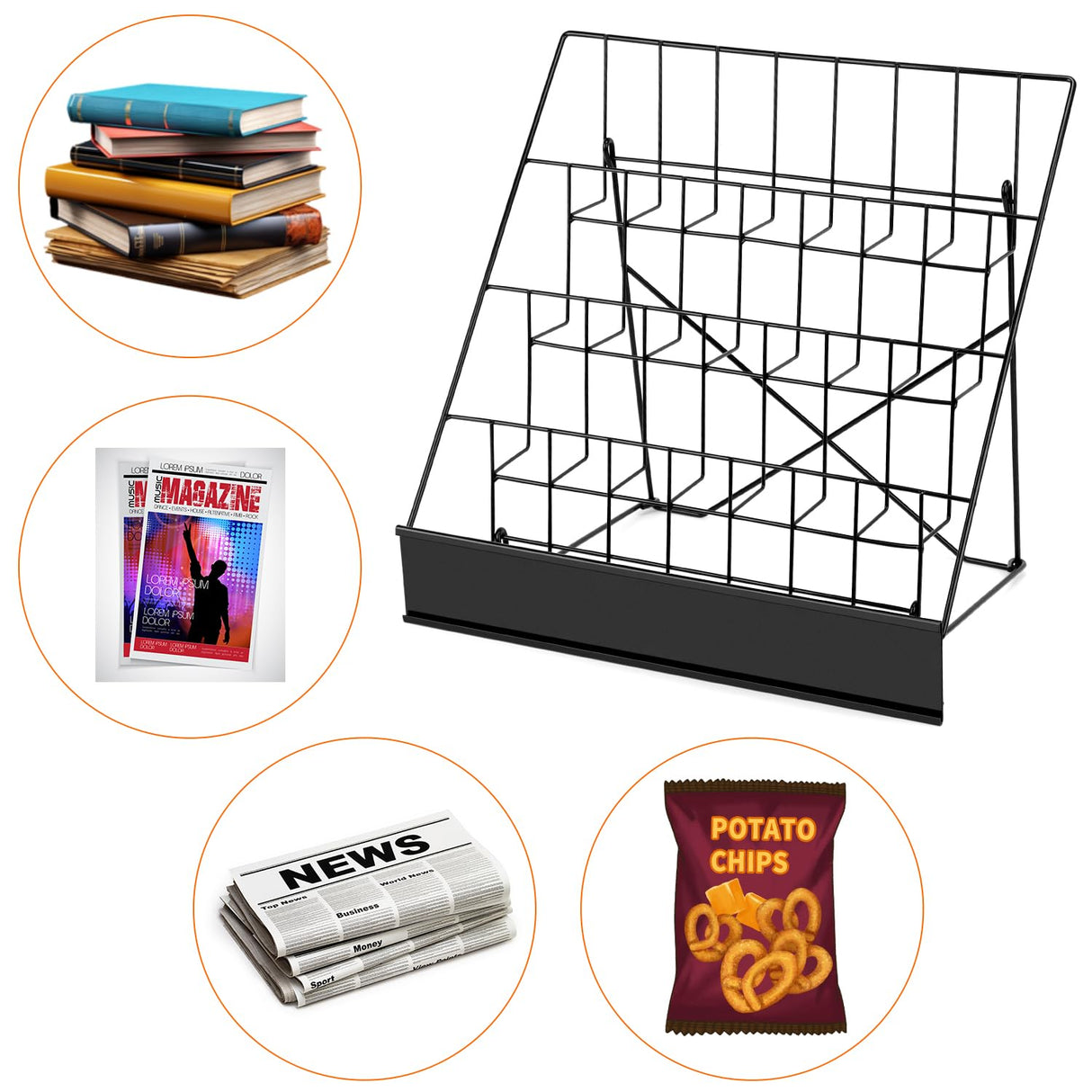 QWORK 4-Tiered Metal Book Display Stand – 18.4 x 16.6 x 14.5, Book Signing Wire Rack, Space-Saving Tabletop Cd Display Countertop Magazine Rack for Picture Literature Brochure Library Classroom QWORK
