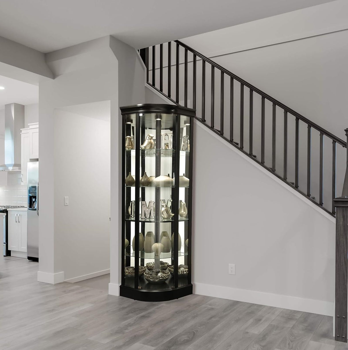 Howard Miller Marlowe II Corner Curio Cabinet, Long Heighted Showcase Black Finish Adjustable Shelves & Levelers, Illuminated Interior Lightning Perfect for Living Room Office and Room Decor Howard Miller