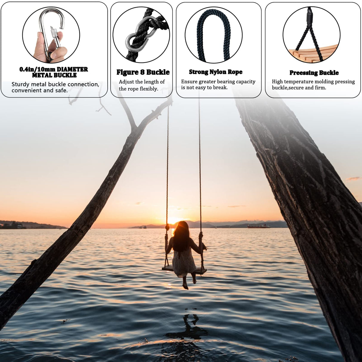 Wooden Tree Swing Adults Kids Indoor Outdoor Adjustable Rope Hanging Wood Swing Set with 2 Carabiner Hooks for Tree Branch Porch Patio Garden (22"x10") Favuit