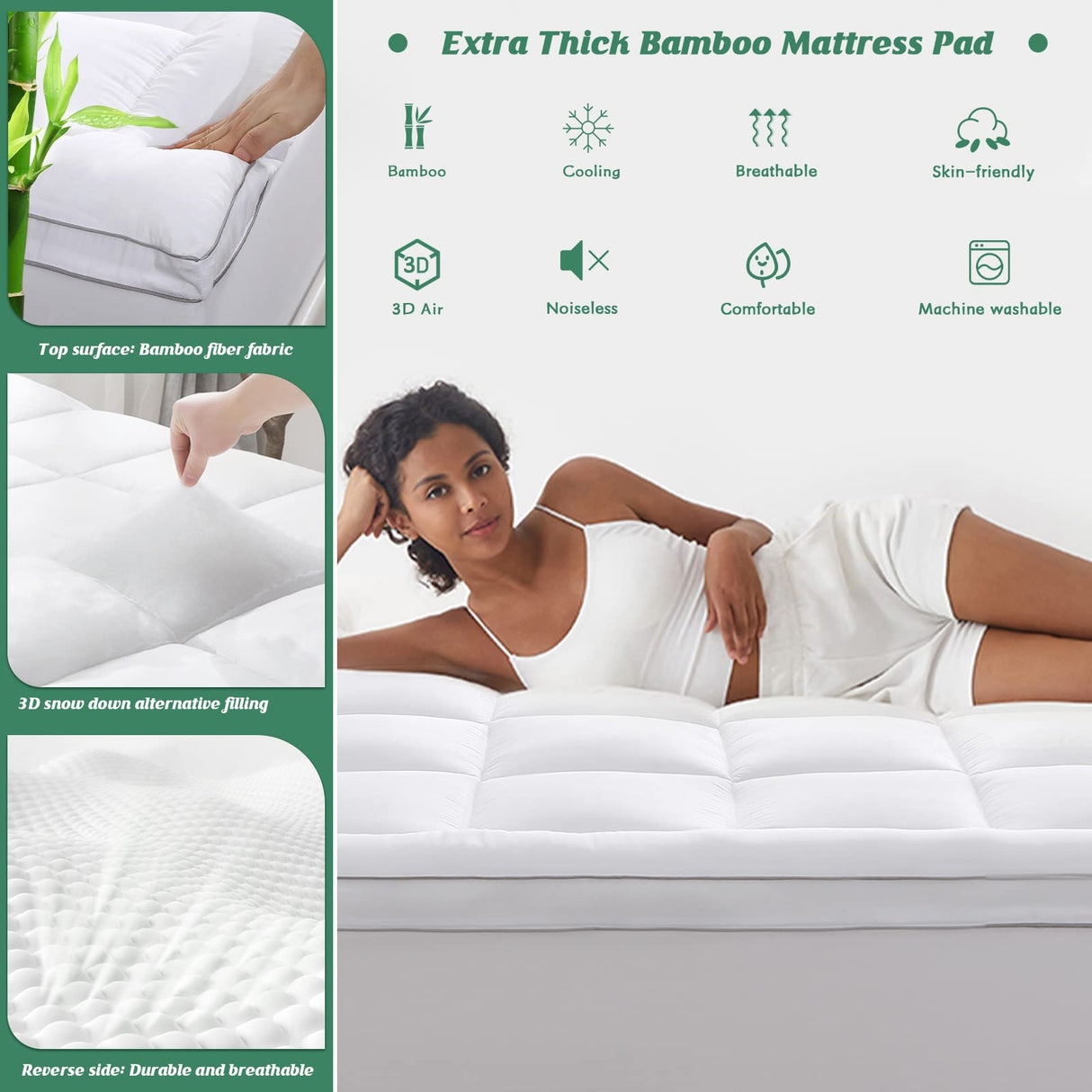 GRT Pillowtop Mattress Topper King Size, Rayon from Bamboo Mattress Cover Padded with 900gsm 3D Snow Down Alternative Filling, Extra Thick Mattress Pad King for Back Pain GRT