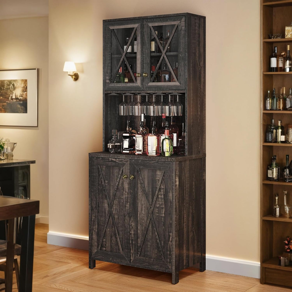 YITAHOME 67" Tall Wine Bar Cabinet for Liquor and Glasses, Farmhouse Freestanding Coffee Bar Cabinet with Glasses Racks ＆ Storage Shelves W/Glass Doors for Living Dining Room, Hallway, Dark Rustic Oak YITAHOME