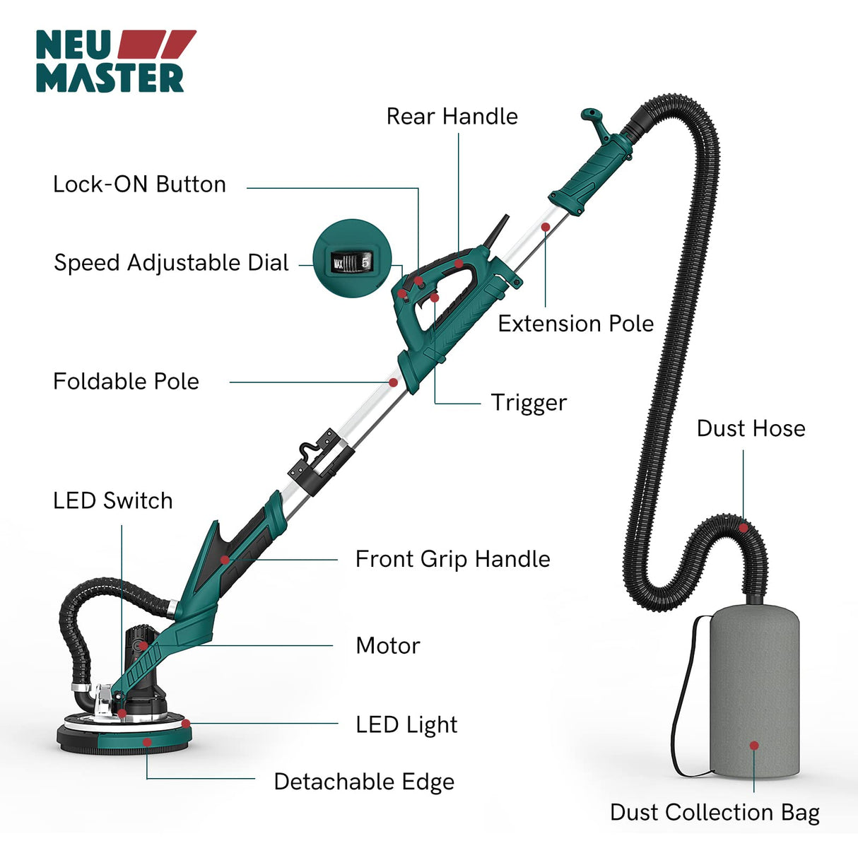 NEU MASTER Drywall Sander, Electric Drywall Sander Variable Speed Pole Sander with Vacuum, 900-1800RPM Foldable Ceiling Sander with 12 Sanding Discs, LED Light, Extendable Handle, Dust Bag and Hose NEU MASTER