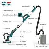 NEU MASTER Drywall Sander, Electric Drywall Sander Variable Speed Pole Sander with Vacuum, 900-1800RPM Foldable Ceiling Sander with 12 Sanding Discs, LED Light, Extendable Handle, Dust Bag and Hose NEU MASTER
