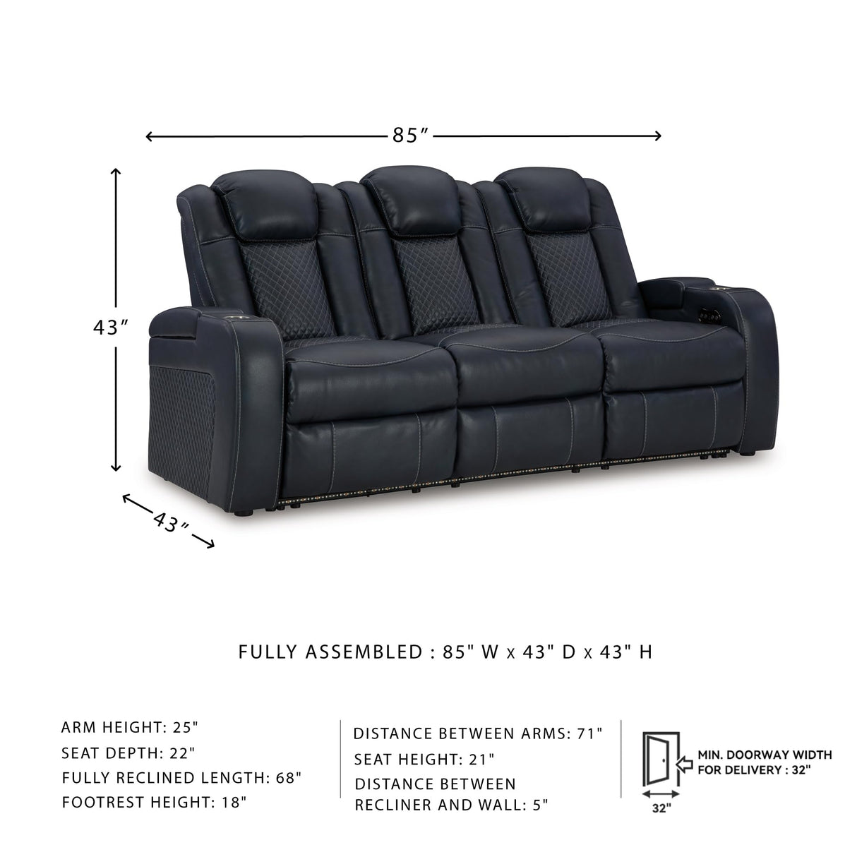 Signature Design by Ashley Fyne-Dyme Contemporary Power Reclining Sofa with USB Charging Ports and Adjustable Headrest, Blue Signature Design by Ashley