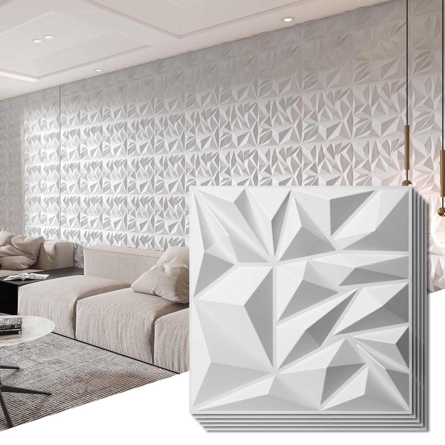 Art3d 33-Pack 3D Wall Panels for Interior Wall Decor, Modern Diamond Textured Accent Wall Paneling for Gaming Living Room TV Wall Background, 12 x 12 inch White - WoodArtSupply