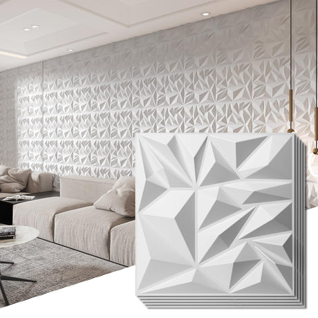 Art3d 33-Pack 3D Wall Panels for Interior Wall Decor, Modern Diamond Textured Accent Wall Paneling for Gaming Living Room TV Wall Background, 12 x 12 inch White Art3d