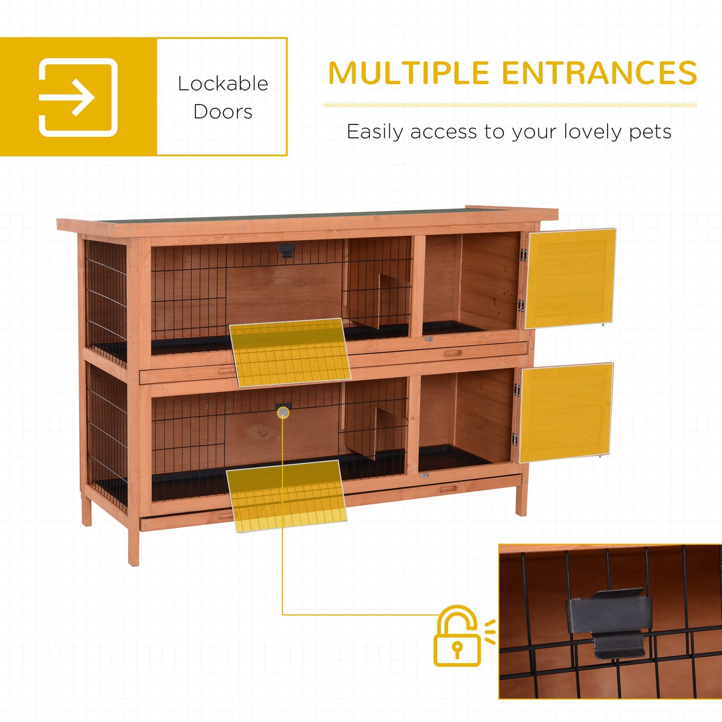 PawHut 54" 2-Story Large Rabbit Hutch Bunny Cage Wooden Pet House Small Animal Habitat with Lockable Doors, No Leak Tray and waterproof Roof for Outdoor/Indoor Orange - WoodArtSupply