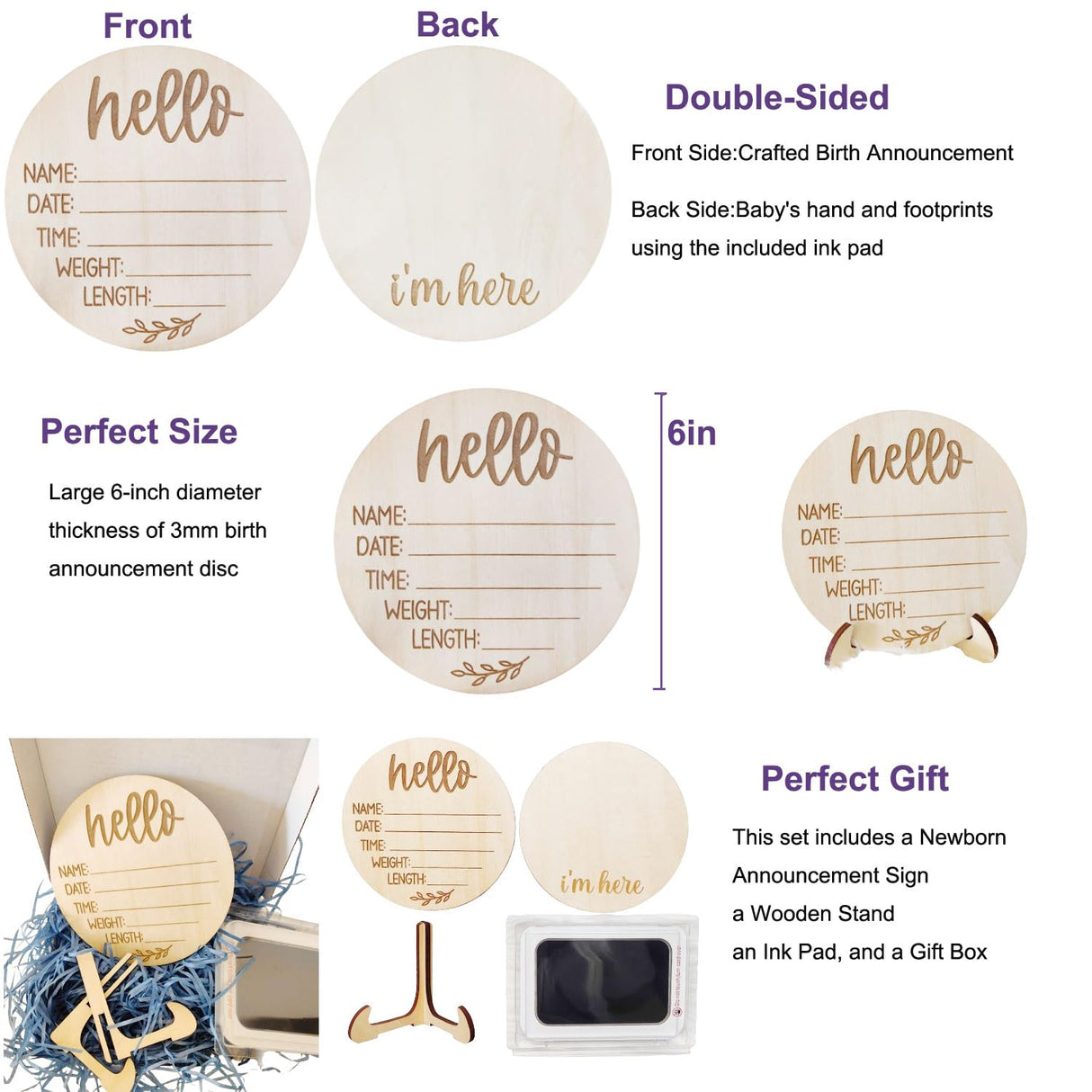 Baby Announcement Sign for Newborn,Name Announcement Sign with Ink Pad for Baby Hand and Footprints,Double-Sided Hello World Newborn Name Sign for ajdvart