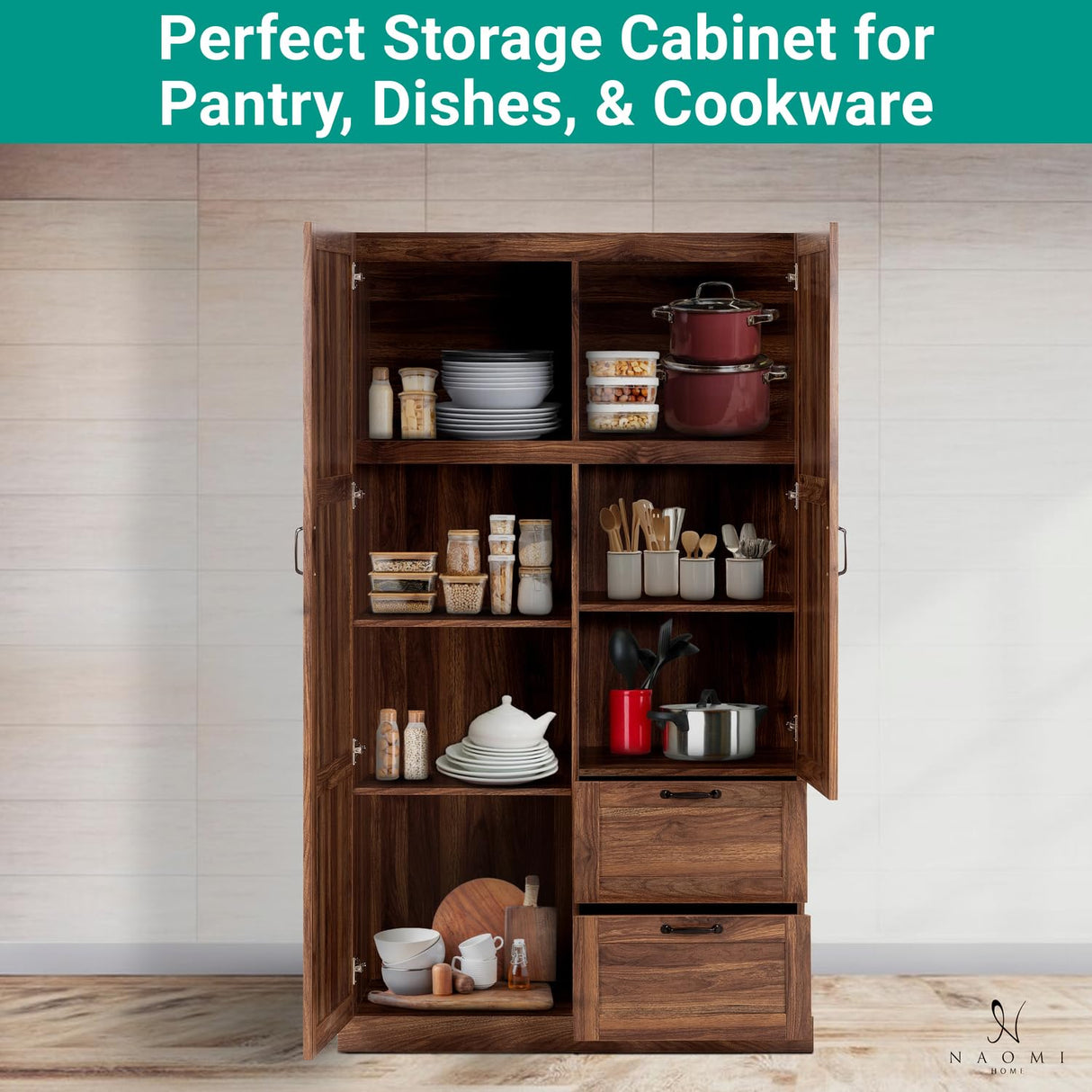 Naomi Home Storage Cabinet with 2 Barn Doors, 2 Drawers & Adjustable Shelves – Tall Wardrobe Closet Armoire for Bedroom, Living Room, or Utility Space – Brown Oak Finish Naomi Home