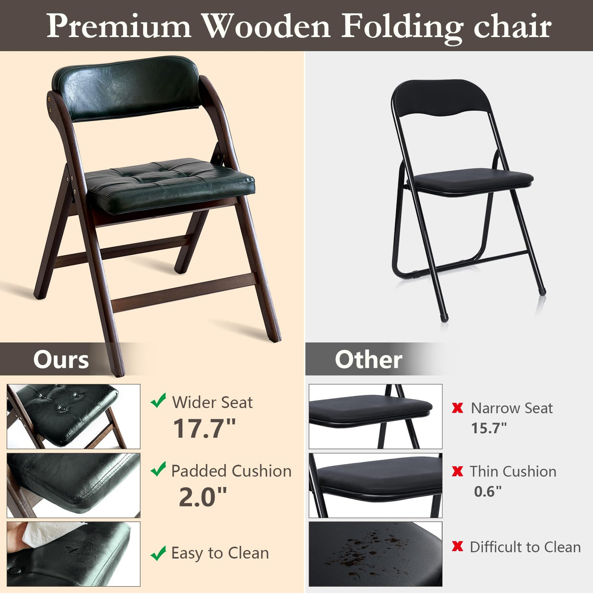 ALeesing Folding Chairs with Padded Seats, Wooden Folding Chairs Set of 2, 31" Stackable Folding Dining Chairs, Folding Extra Chair for Guests Kitchen, Bedroom, Living Room, Party Chairs, Green ALeesing