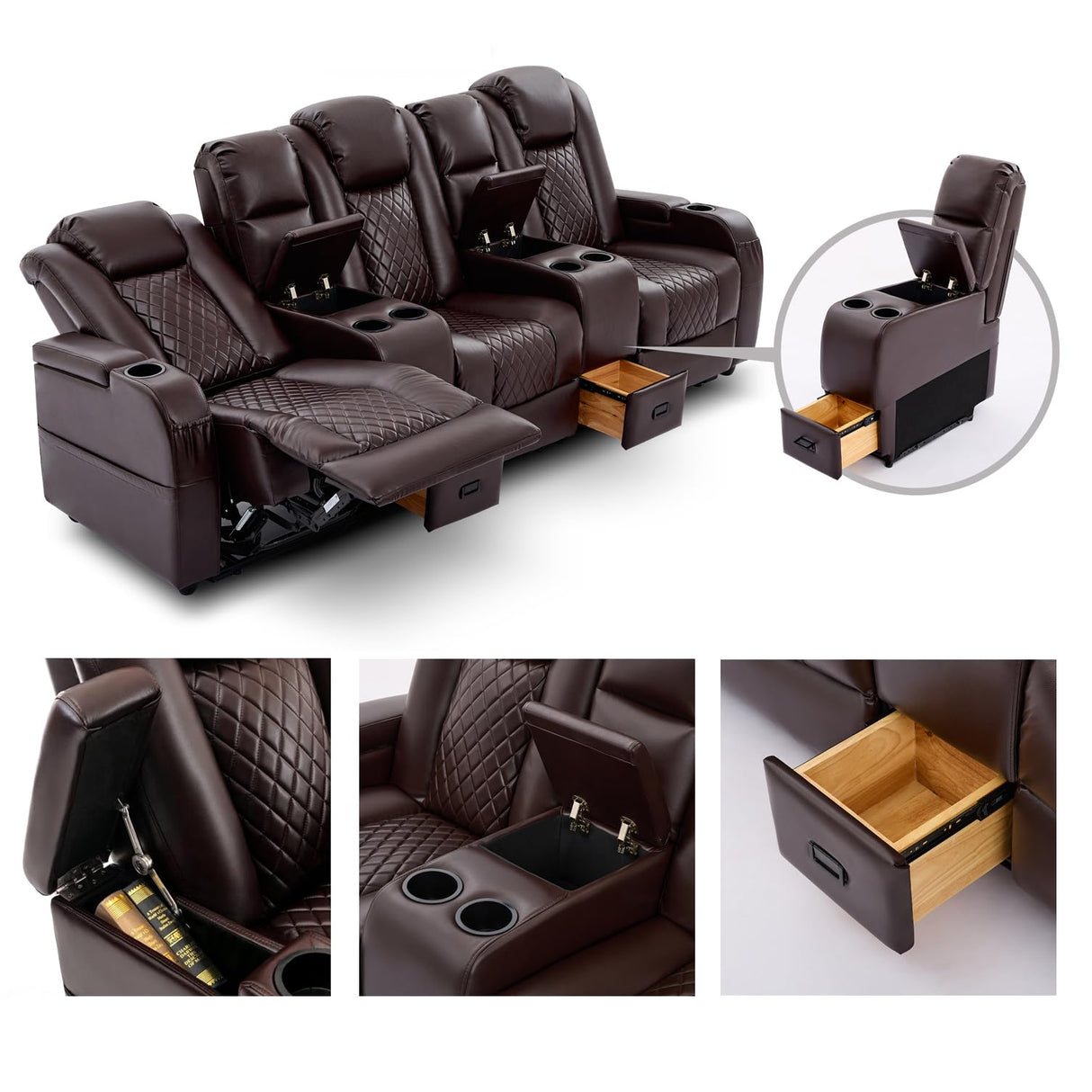 Attliahome Home Theater Seating, Recliner Sofa PU Leather with Central Console and 3 Pillows, Wall Hugger Recliners & 135° Reclining Theater Seats (Row of 3,Brown) Attliahome