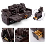 Attliahome Home Theater Seating, Recliner Sofa PU Leather with Central Console and 3 Pillows, Wall Hugger Recliners & 135° Reclining Theater Seats (Row of 3,Brown) Attliahome