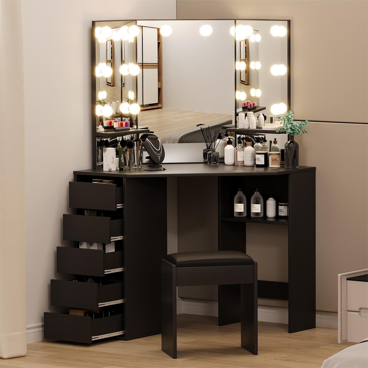 GAOMON Vanity Desk with Mirror and Lights, Corner Makeup Vanity Desk, Large Dressing Tables with Charging, 5 Drawers, Shelves and Vanity Stool, Black GAOMON