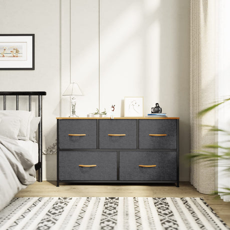 YITAHOME Dresser with 5 Drawers - Fabric Storage Tower, Organizer Unit for Bedroom, Living Room, Closets - Sturdy Steel Frame, Wooden Top (5 Wider Drawers Cool Grey) YITAHOME