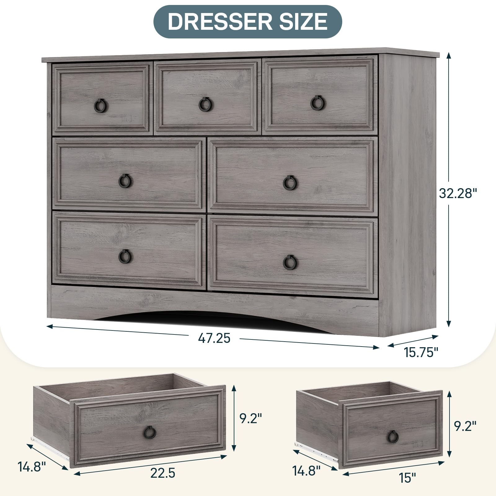 Modern 7 Drawer Dresser Gray Dressers for Bedroom, Wood Dresser with Drawers for Clothes Storage, 47" Long Dresser with Textured Borders Deep Drawer, Chest of Drawers Closet Organizers for Be - WoodArtSupply