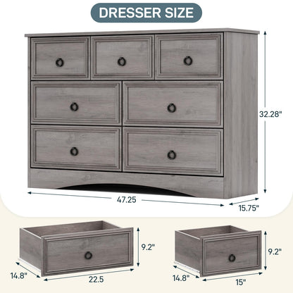 Modern 7 Drawer Dresser Gray Dressers for Bedroom, Wood Dresser with Drawers for Clothes Storage, 47" Long Dresser with Textured Borders Deep Drawer, Chest of Drawers Closet Organizers for Be - WoodArtSupply