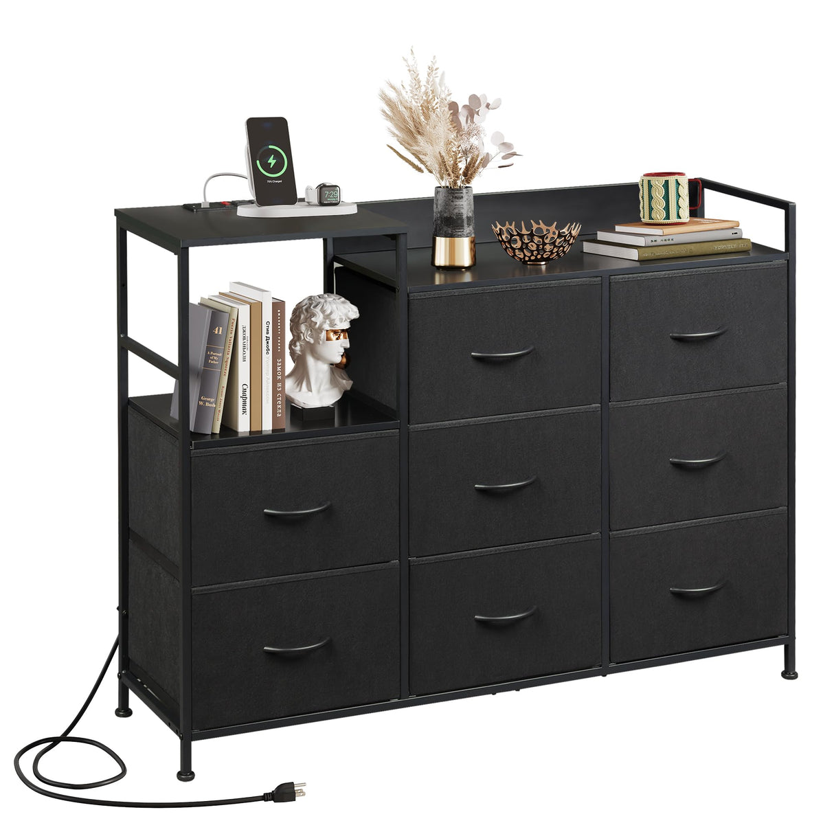WLIVE Black Dresser TV Stand for Bedroom with Charging Station and Open Shelves, Fabric Dresser with 8 Drawers and Wood Top, Wide Storage Chest of Drawers for Living Room, Hallway WLIVE