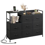 WLIVE Black Dresser TV Stand for Bedroom with Charging Station and Open Shelves, Fabric Dresser with 8 Drawers and Wood Top, Wide Storage Chest of Drawers for Living Room, Hallway WLIVE
