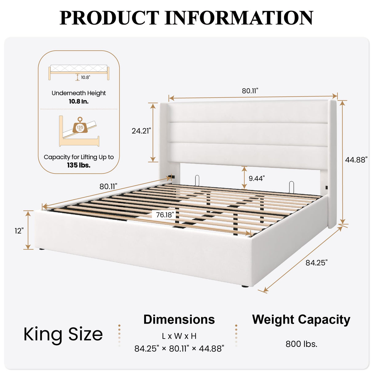 SHA CERLIN King Size Lift Up Storage Bed/Velvet Upholstered/Modern Wingback Headboard/Upholstered Platform Bed Frame/Hydraulic Storage/No Box Spring Needed/White SHA CERLIN
