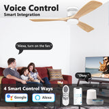 52 Inch Smart Flush Mount Ceiling Fans with Lights Remote,Wood Outdoor Indoor Ceiling Fan,WIFI Alexa App Control,Quiet DC Motor,Modern Low Profile Fan LED Lighting for Bedroom Patio,White & Light Wood Lorpies