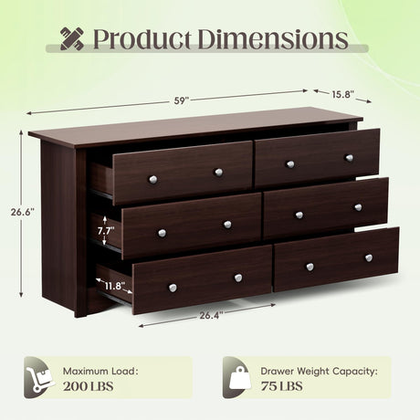 JUMMICO Dresser for Bedroom, 6 Wood Dresser Drawers, Wide Chest of Drawers, Storage Tower Unit, Modern Design for Bedroom, Living Room, Hallway, Entryway (Dark Brown) JUMMICO