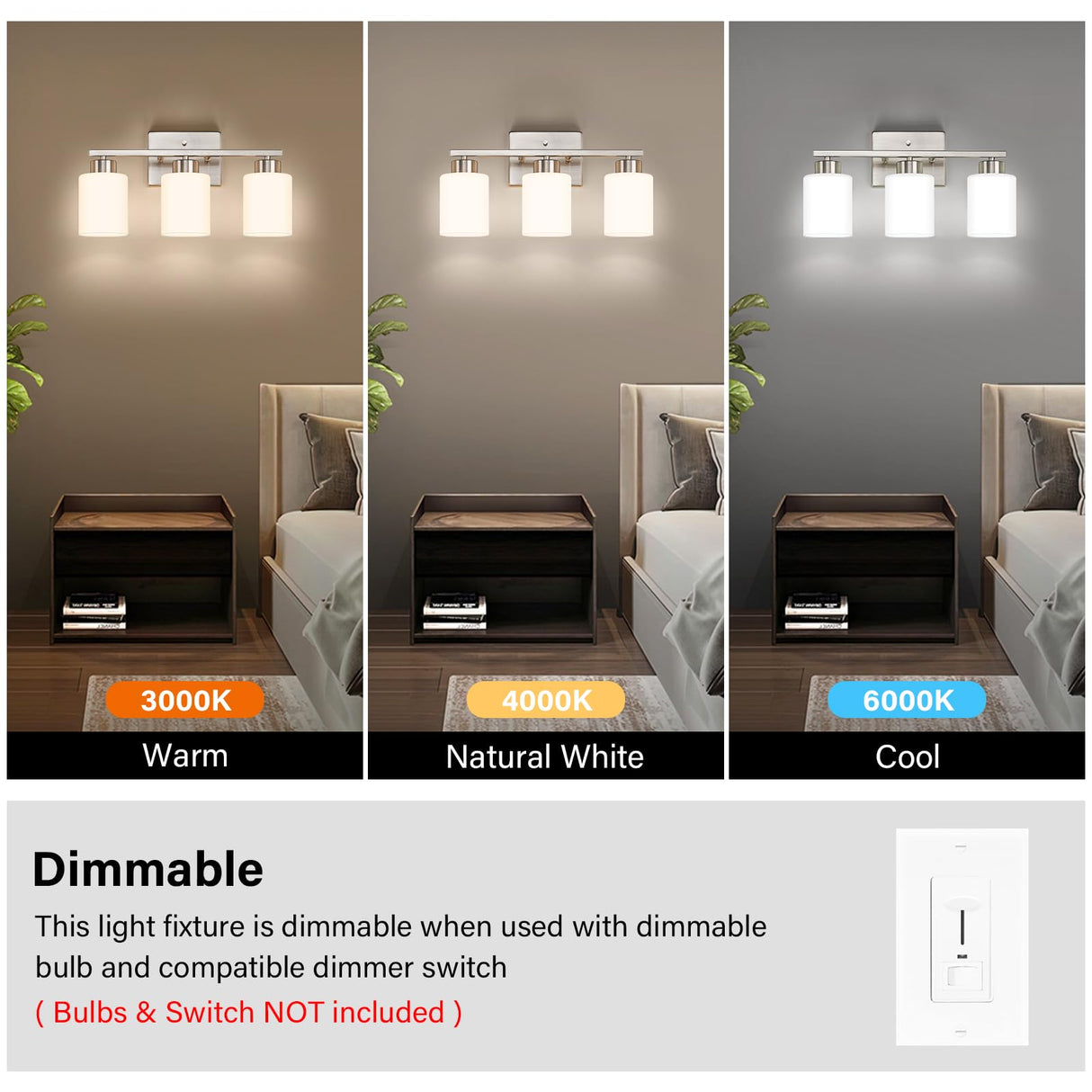 FonmYim Brushed Nickel Bathroom Light Fixtures, 3-Light Modern Vanity Light Over Mirror, Wall Sconces with Milky White Frosted Glass Shades, E26 Socket (Bulbs Not Included) FonmYim