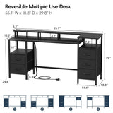 Korfile Computer Desk with Power Outlets & LED Lights, Gaming Desk with 5 Fabric Drawers for Bedroom, 55 Inch Home Office Desk with Monitor Stand & Storage Shelves for Working, Black Korfile