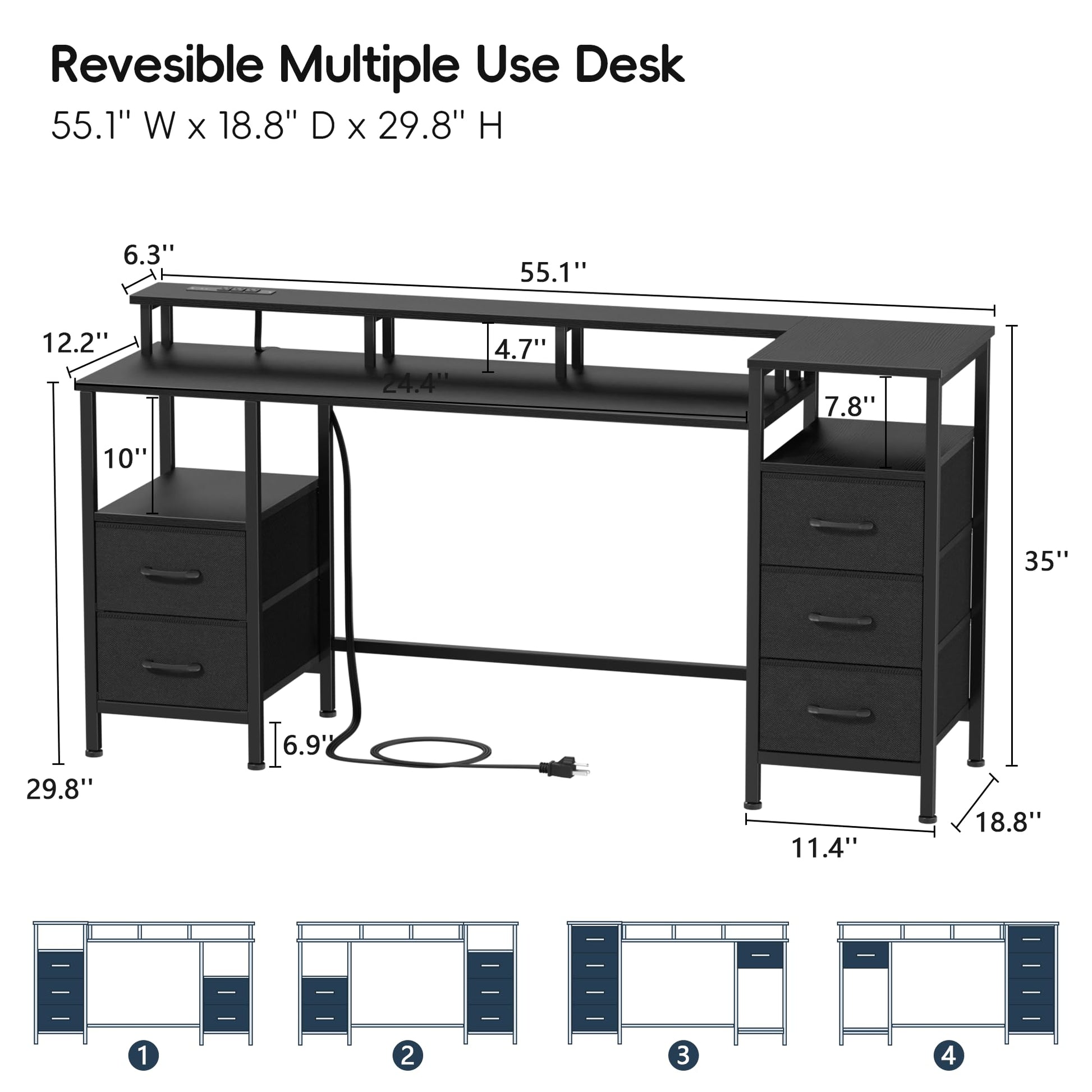 Korfile Computer Desk with Power Outlets & LED Lights, Gaming Desk with 5 Fabric Drawers for Bedroom, 55 Inch Home Office Desk with Monitor Stand & Storage Shelves for Working, Black - WoodArtSupply