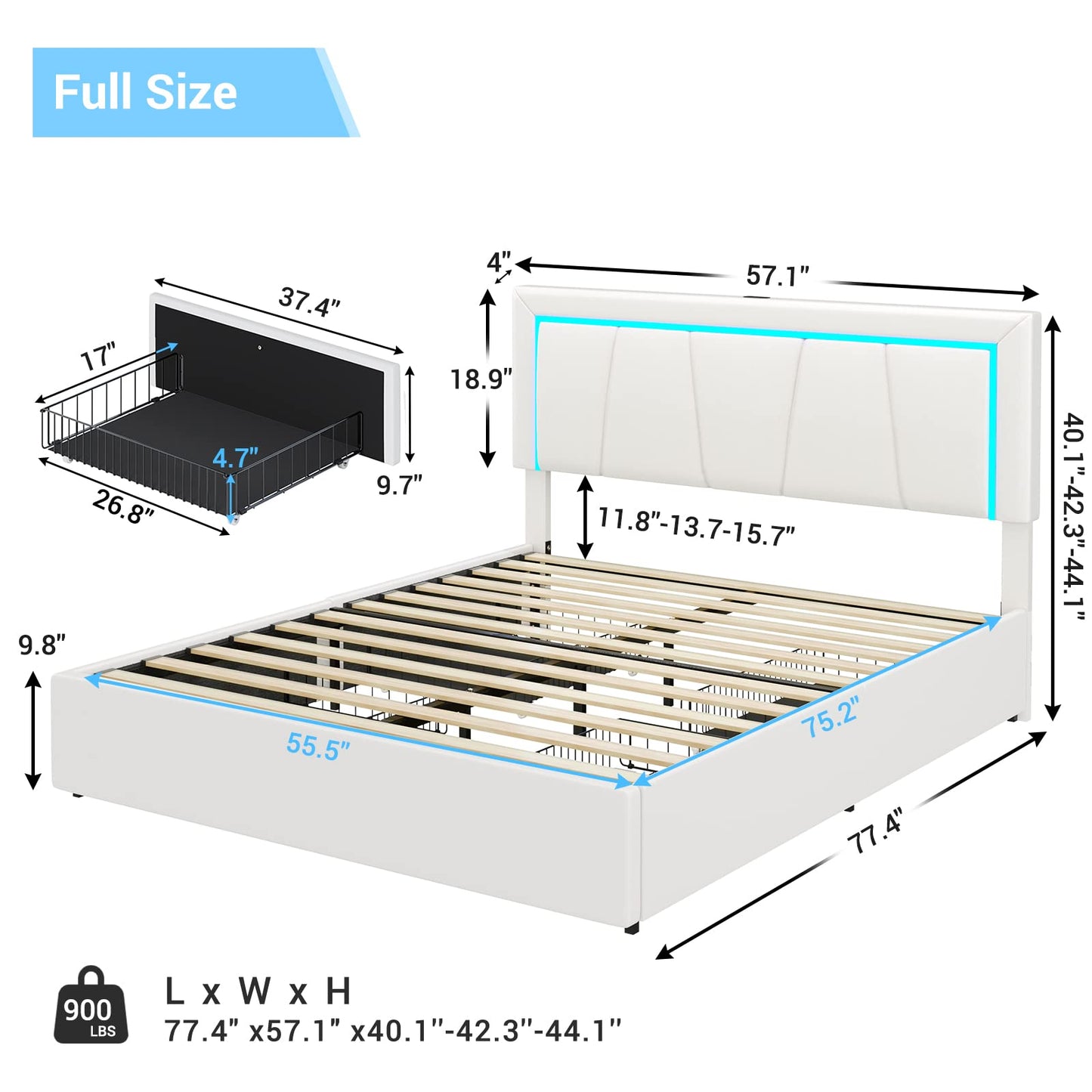 Modern DICTAC Full LED Upholstered Bed Frame with 4 Storage Drawers & USB Ports in White - WoodArtSupply