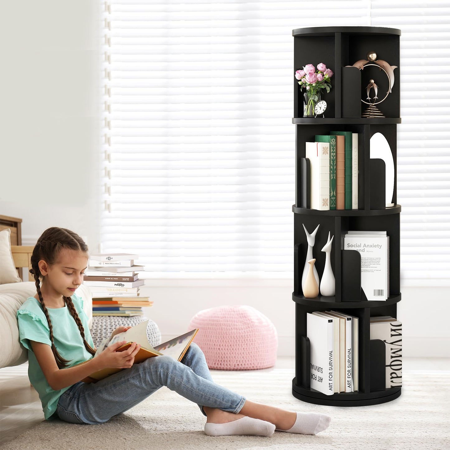 360° Rotating Black Bookcase - Space-Saving 4-Tier Bookshelf for Kids & Adults - WoodArtSupply