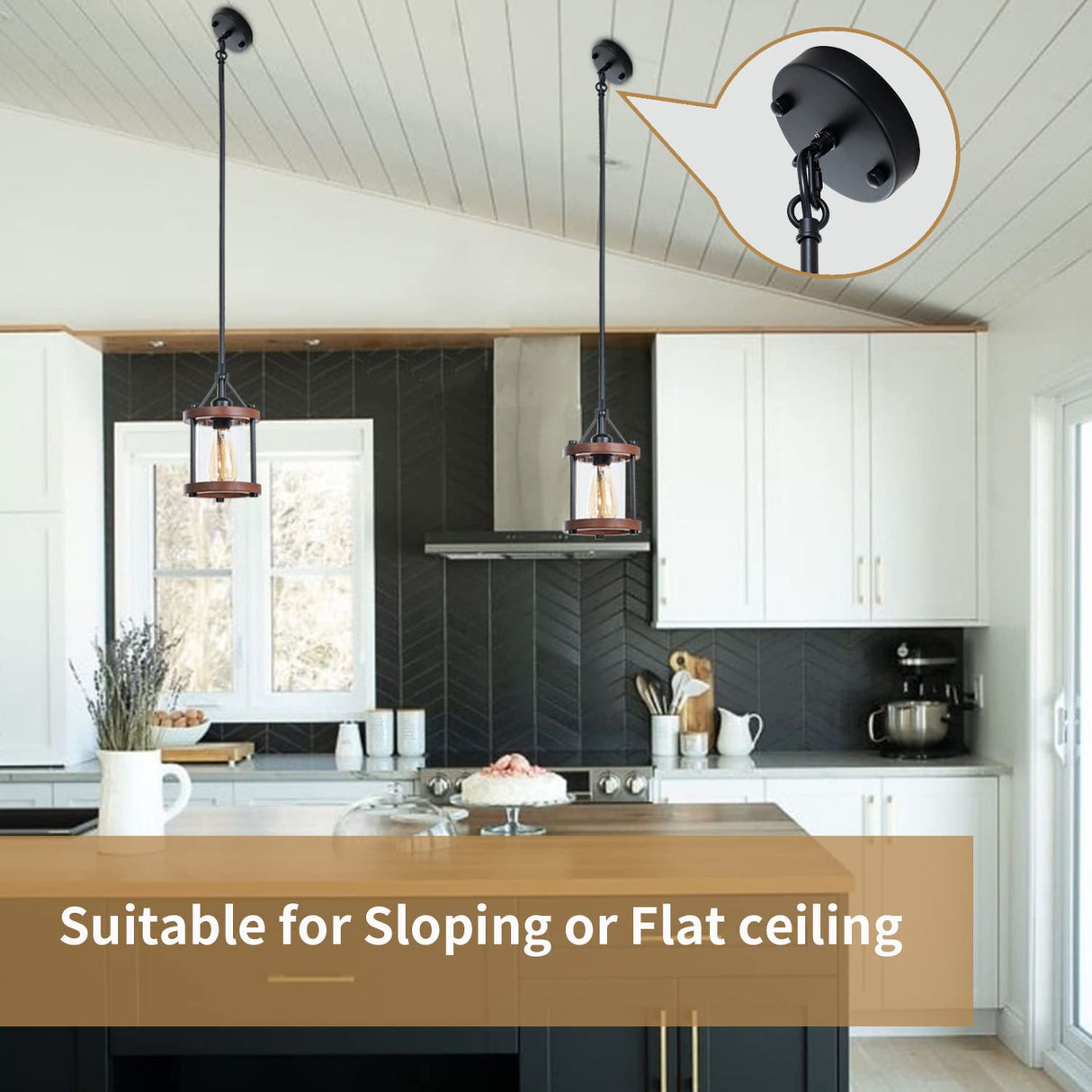 Farmhouse Pendant Light in Wood and Metal Cage, Rustic Brown Wood Pendant Light with Glass, Adjustable Hanging Light Fixtures, Mini Pendant Lighting for Kitchen Island, Hallway, Foyer, 1 Pack Ejerlya