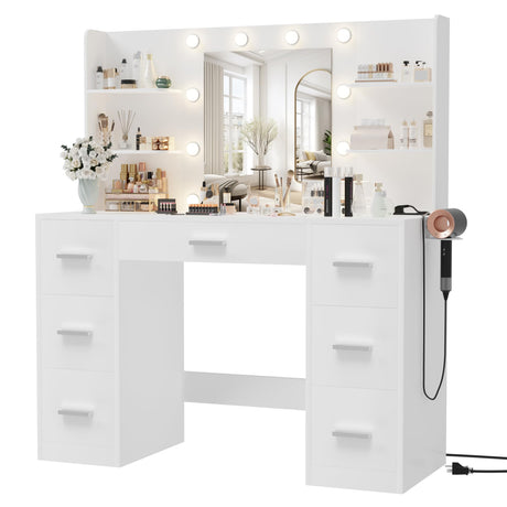 Furmax Vanity Desk with Mirror, LED Lights and Power Outlet Makeup Vanity Table with 7 Drawers and 6 Storage Shelves Dressing Table for Bedroom Dressing Room (White) Furmax