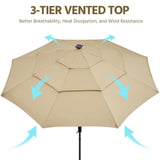 Yaheetech 10ft 3-Tier Vented Solar Patio Umbrella, Table Outdoor Market Umbrella with 24 LED Lights, 8 Sturdy Ribs Beach Umbrella with Tilt and Crank for Garden, Deck, Tan Yaheetech