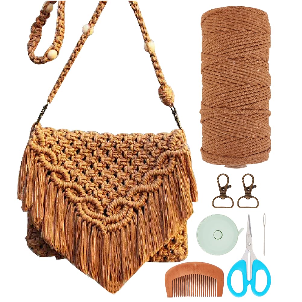 INFUNLY DIY Macrame Bag Kit for Adults Beginners Macrame Handmade Woven Bags with Tassels Bohemian Knotting Handbag Macrame Kit Crochet Bag Kit with Video Instruction for Women Holiday Beach Decor INFUNLY