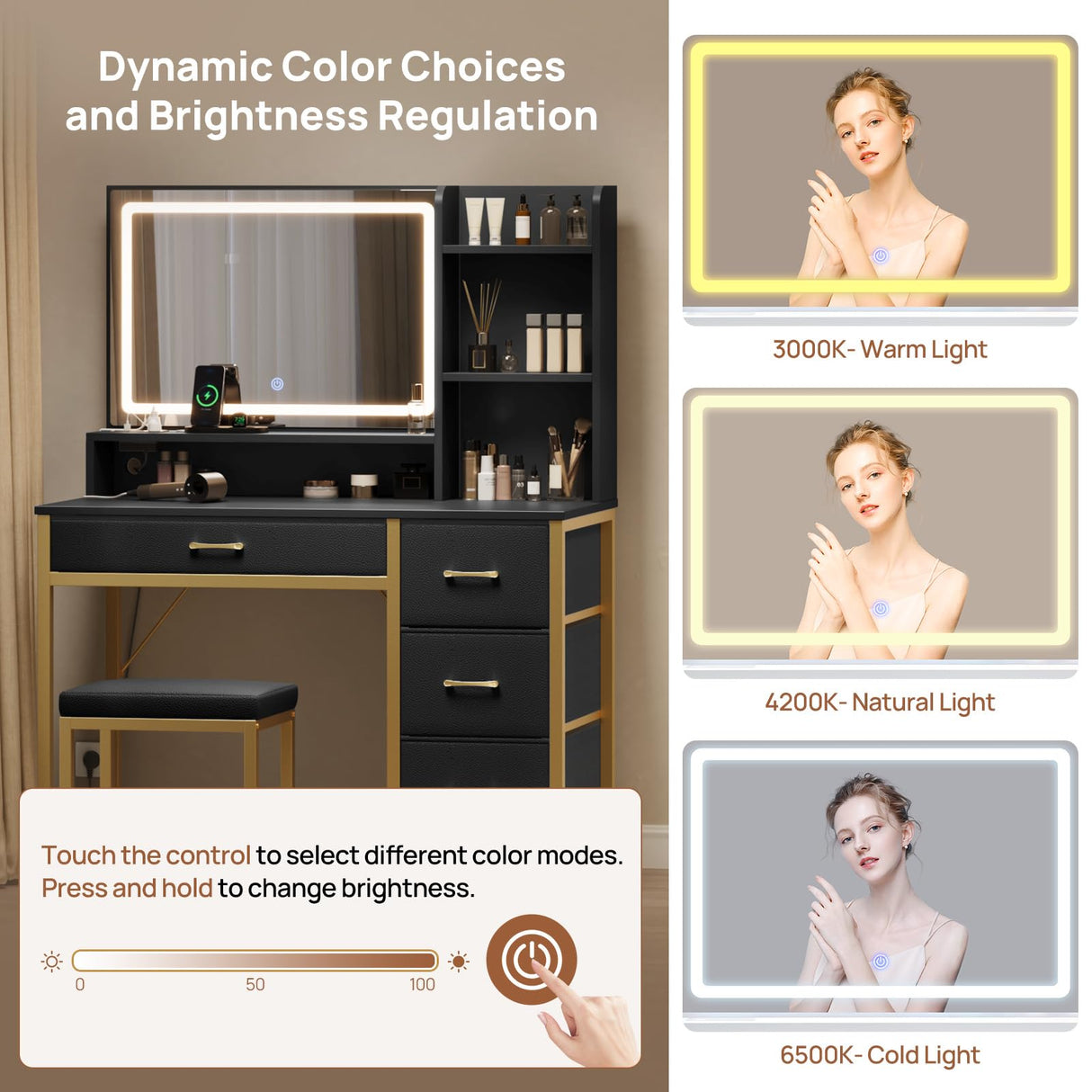 Rolanstar Vanity Desk with Mirror and Lights, Makeup Vanity with Upholstered Vanity Stool, 4 Drawers, Power Outlets, Vanity Set with 4 Compartments for Bedroom Black and Gold Rolanstar