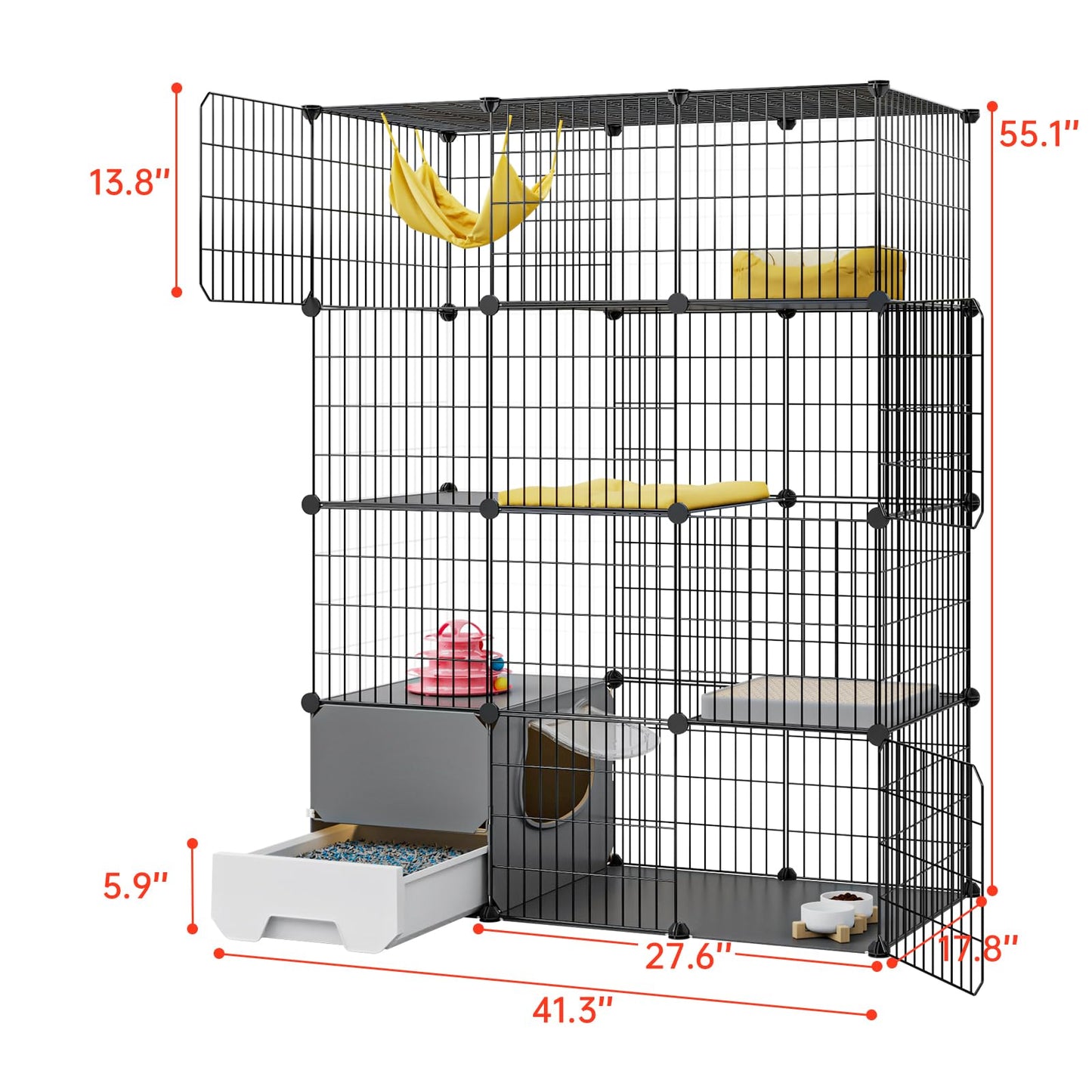 Oneluck Cat Cage with Litter Box,4-Tier DIY Cat Enclosures Large Playpen Detachable Metal Wire Kennel Indoor Crate Large Exercise Place Ideal for 1-2 Cat,41.3" L x 17.8" W x 55.1" H