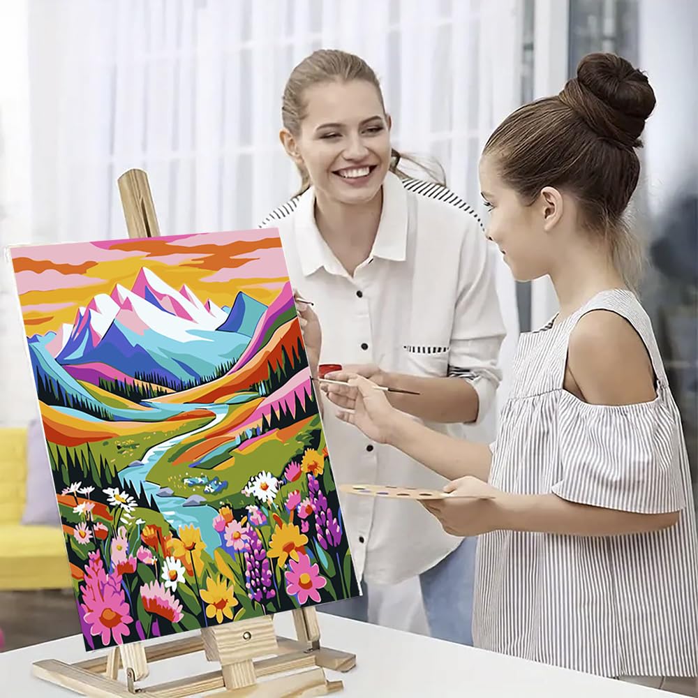 DIYDECORFUN Mountain Paint by Numbers Kit for Adults, Flower Mountain Paint by Numbers Kits for Beginner, Adult Paints by Number Kit on Canvas Adult DIY Arts Crafts for Home Wall Decor(16x20in) DIYDECORFUN