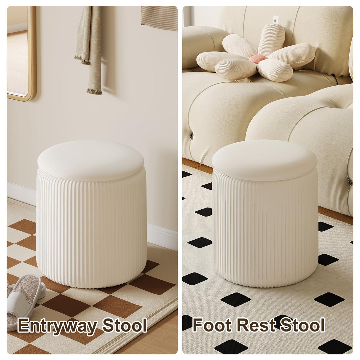 Round Ottoman with Storage Set of 2, White Vanity Stool, Upholstered Velvet Storage Ottomans, Makeup Chair Seat for Bedroom, Small Pouf Footstool for Living Room Recximi