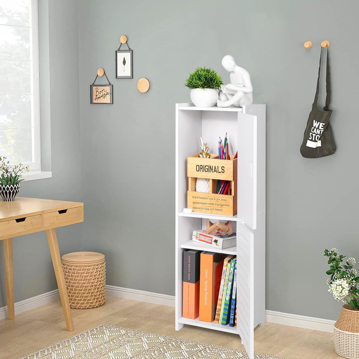 YARUKIMA Bathroom Floor Storage Cabinet,Side Storage Organizer,Bathroom Unit with Door and Shelves,Freestanding Cabinet for Hallway/Living Room, White YARUKIMA
