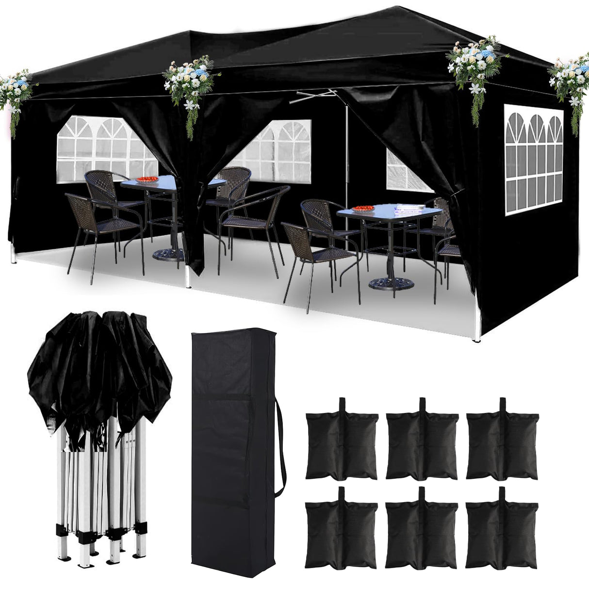 DOINUO 10x20 Black Pop Up Canopy Outdoor Tent Party Tent with 6 Sidewalls, Wedding Party Tent Outdoor Canopy Waterproof UV50 Canopy Tent Event Shelter for Parties, 6 pcs Weight Bag,Carry Bag DOINUO