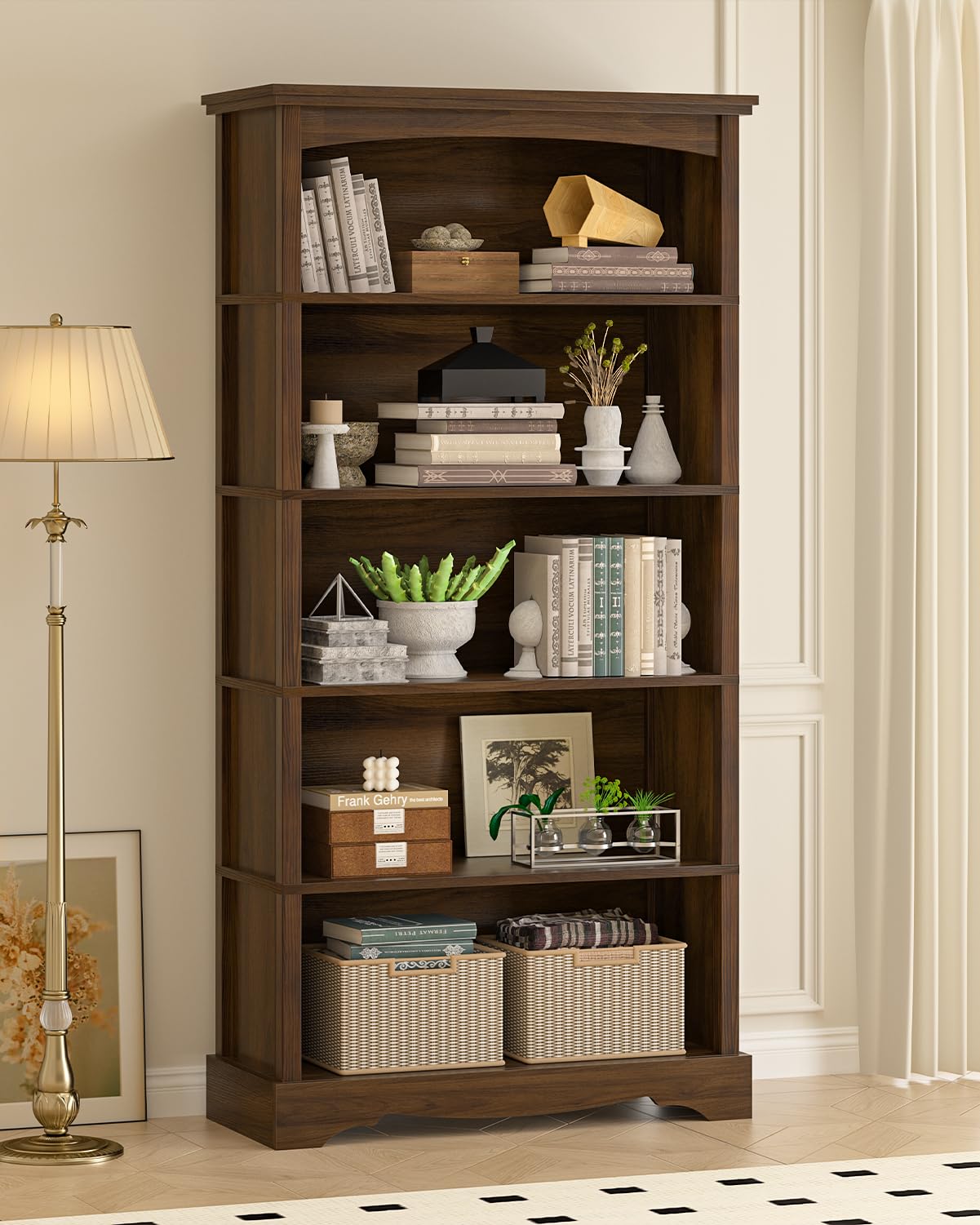 TVU 5-Tier Wooden Bookshelf, 65 Inch Tall Bookshelf with Storage, Floor Standing Modern Style Display Bookcase for Living Room, Office, Study Room, Entryway, Brown TVU