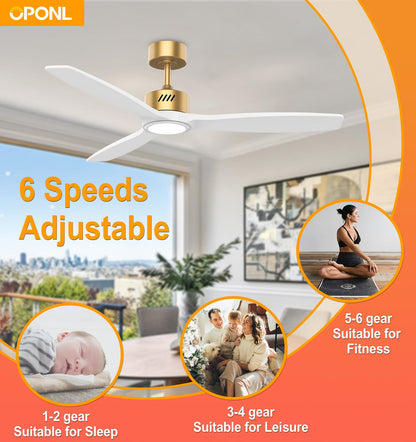 OPONL White Wood Ceiling Fan with Light 52inch, Low Profile, Remote Control, Downrod Mount, Noiseless, Reversible, 6CCT, Dimmable, 6 speeds, Timeable, Ceiling Fans with Lights for Living Room