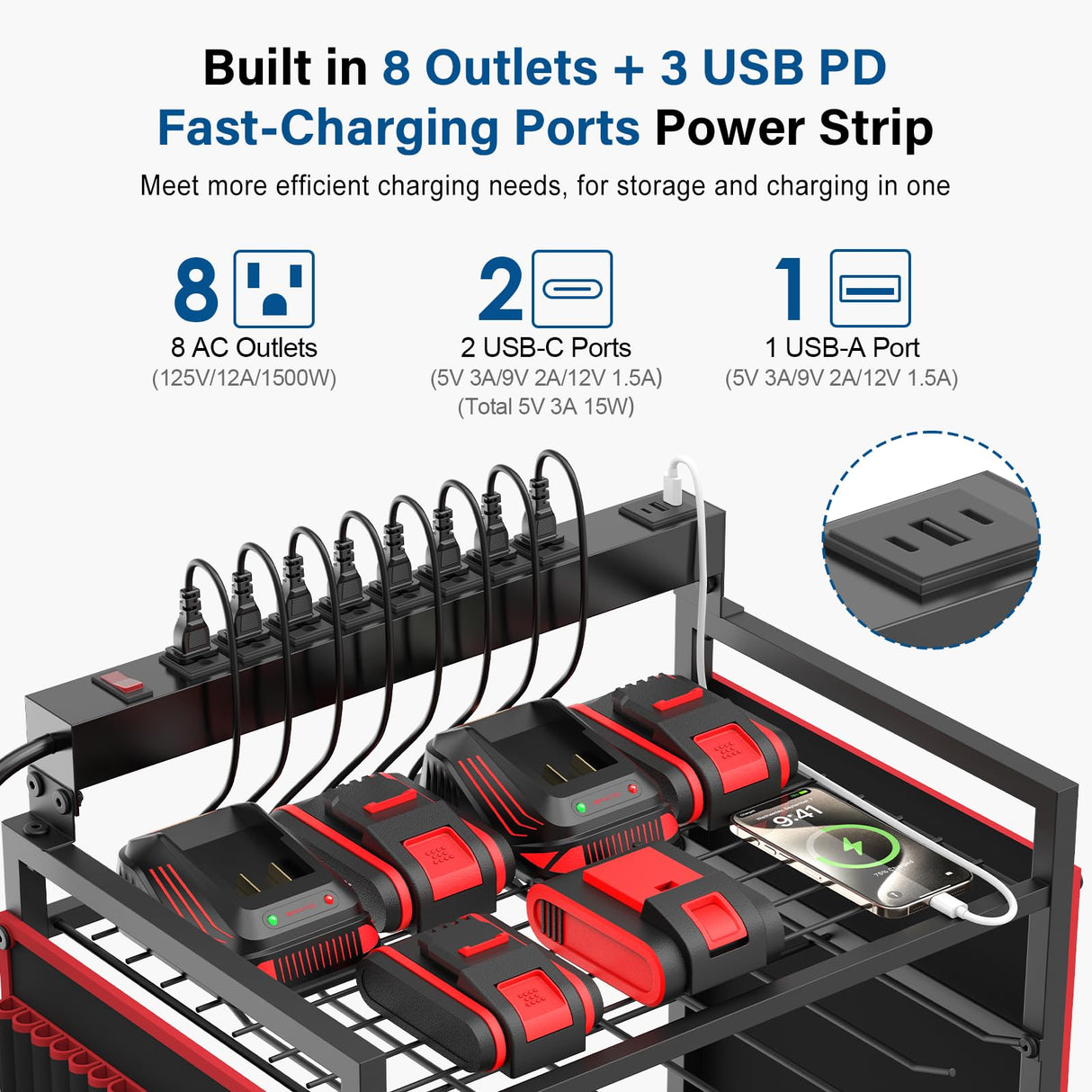 JUNNUJ Garage Large Power Tool Organizer Cart with 8 Outlet 3 USB Charging Station, Floor Rolling Drill and Tools Battery Storage Cart on Wheels, Heavy Duty Utility Rack Shelf with Power Strip JUNNUJ