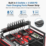 JUNNUJ Garage Large Power Tool Organizer Cart with 8 Outlet 3 USB Charging Station, Floor Rolling Drill and Tools Battery Storage Cart on Wheels, Heavy Duty Utility Rack Shelf with Power Strip JUNNUJ